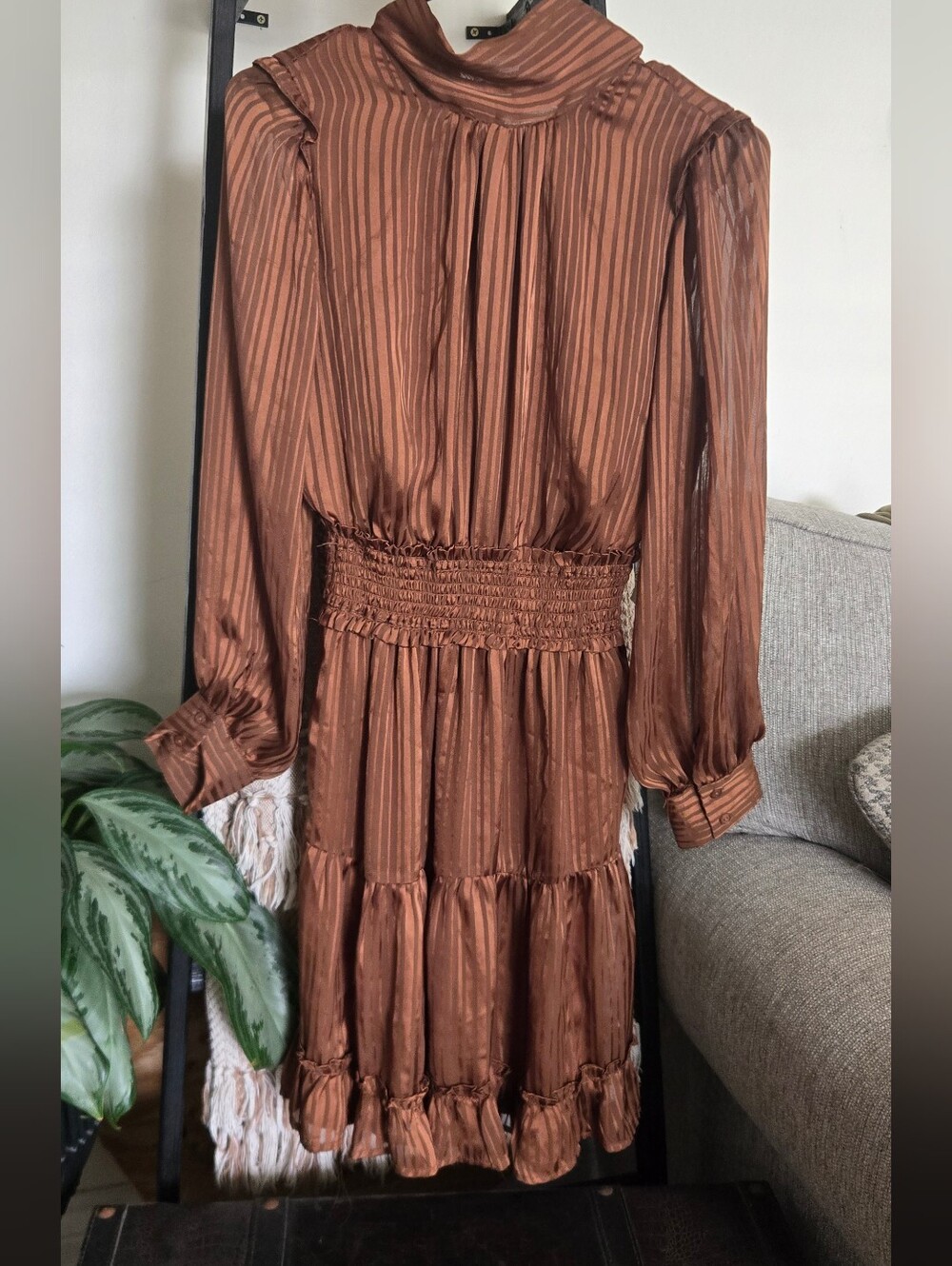 NWT Mila Mae Brown Stripe Mock Neck Smocked Waist Tiered Mini Dress